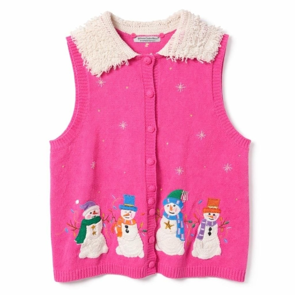 Heirloom Collectibles Snowman Sweater Vest Womens Size L Pink Y2K Holiday Knit